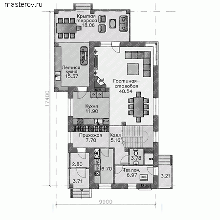 Проект пенобетонного узкого дома № L-179-2P - 1-й этаж