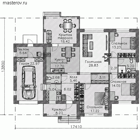 Проект пенобетонного дома № L-192-1P - 1-й этаж