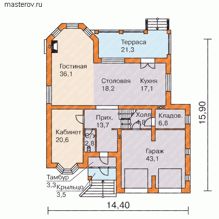 Пенобетонный дом № L-414-1P - 1-й этаж