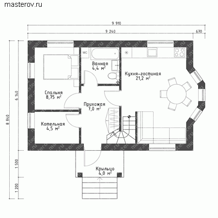 Проект пенобетонного дома № M-080-1P - 1-й этаж