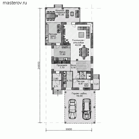 Дом с гаражом для узкого участка № M-179-1P - 1-й этаж