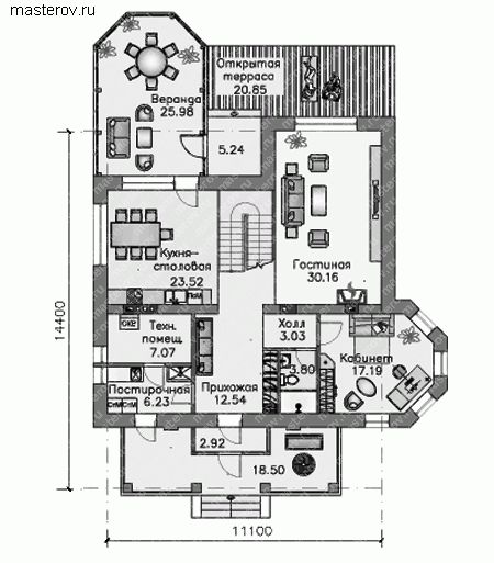 Проект загородного коттеджа в классическом стиле № M-250-1K - 1-й этаж