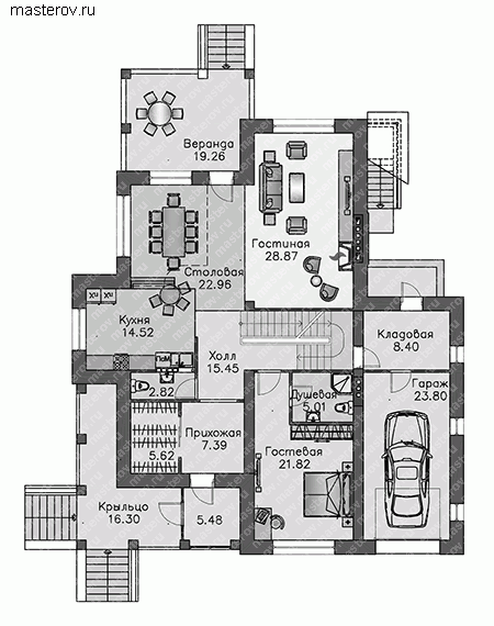 Коттедж с цокольным этажом и гаражом № M-289-1K - 1-й этаж