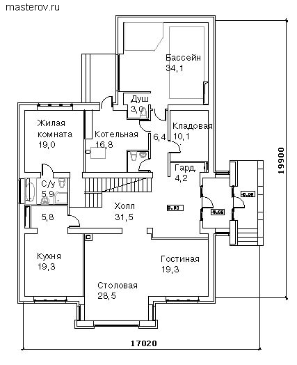 Дом архитектурный проект № M-412-1P - 1-й этаж