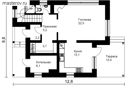 Дом 12,8 на 8,8 № O-108-1K - 1-й этаж
