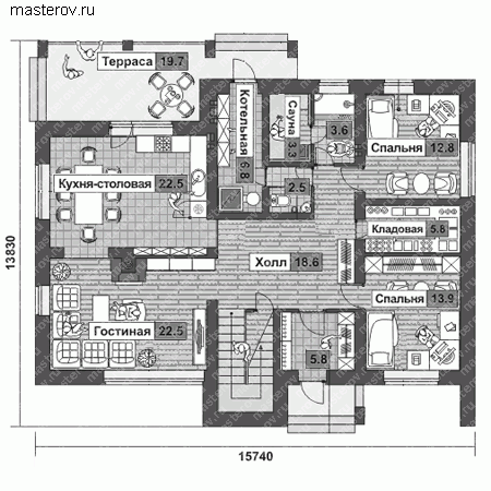 Коттедж с двумя спальнями на первом этаже № O-204-1P - 1-й этаж