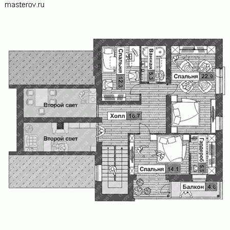 Коттедж с двумя спальнями на первом этаже № O-204-1P - 2-й этаж