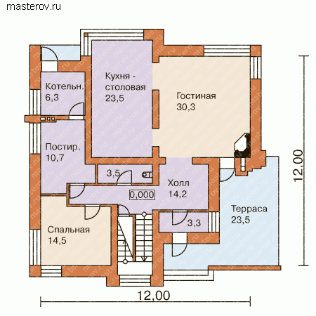 Кирпичный дом 14 на 14 № O-221-1K - 1-й этаж