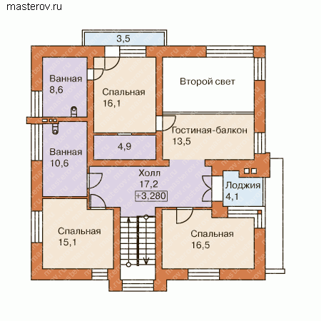 Кирпичный дом 14 на 14 № O-221-1K - 2-й этаж