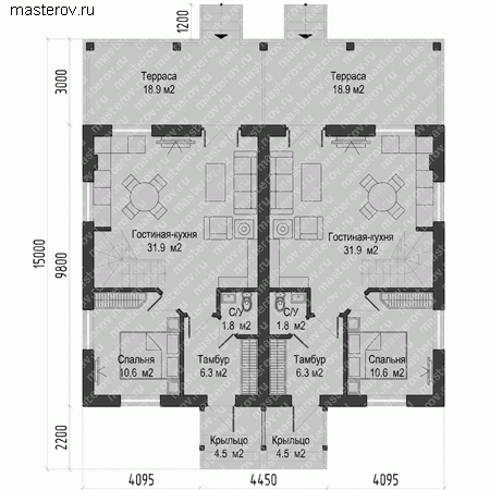 Проект кирпичного дома на две семьи № O-250-1K - 1-й этаж