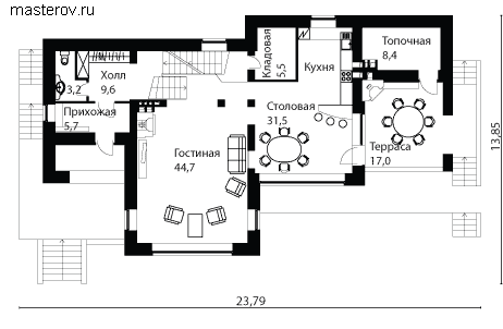 коттедж с мансардой и цоколем № O-308-1K - 1-й этаж