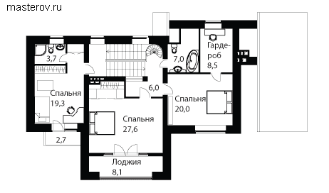коттедж с мансардой и цоколем № O-308-1K - 2-й этаж