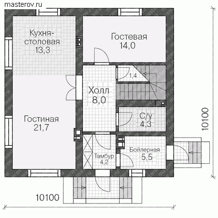 Проект коттеджа 10.1 на 10.1 № R-144-1P - 1-й этаж
