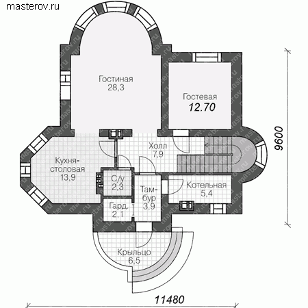 Проект пенобетонного дома № R-150-1P - 1-й этаж