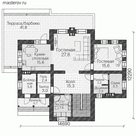 Проект кирпичного дома № R-190-1K - 1-й этаж