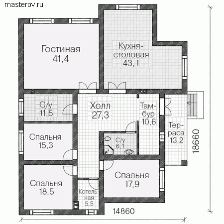 Одноэтажный коттедж, проект № R-197-1P - 1-й этаж
