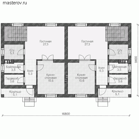 Проект пенобетонного дома на две семьи № R-242-1P - 1-й этаж