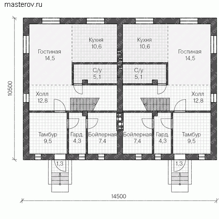 Проект пенобетонного дома на две семьи № R-250-1P - 1-й этаж