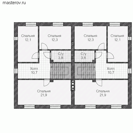 Проект пенобетонного дома на две семьи № R-250-1P - 2-й этаж