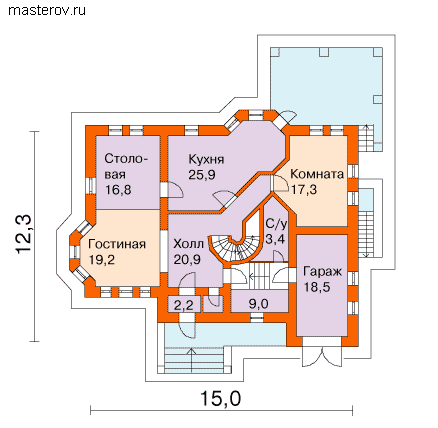 Проект жилого коттеджа № R-368-1K - 1-й этаж