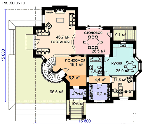 Проект дома с круглой лестницей № R-490-1K - 1-й этаж