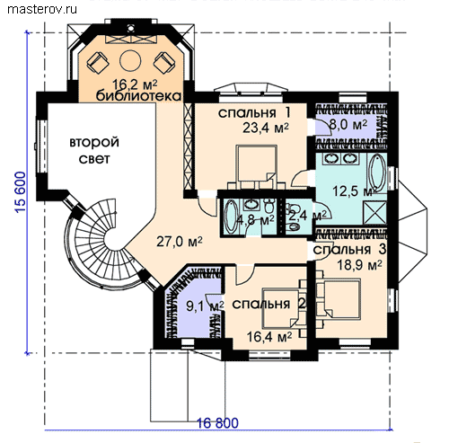 Проект дома с круглой лестницей № R-490-1K - 2-й этаж