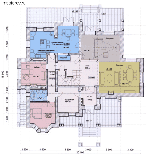 Проект жилого дома большой площади № R-550-1K - 1-й этаж