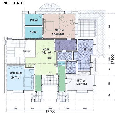 Проект трехэтажного дома коттеджа с эркером № R-605-1P - 2-й этаж