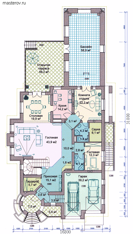 Проект просторного дома  № R-664-1K - 1-й этаж