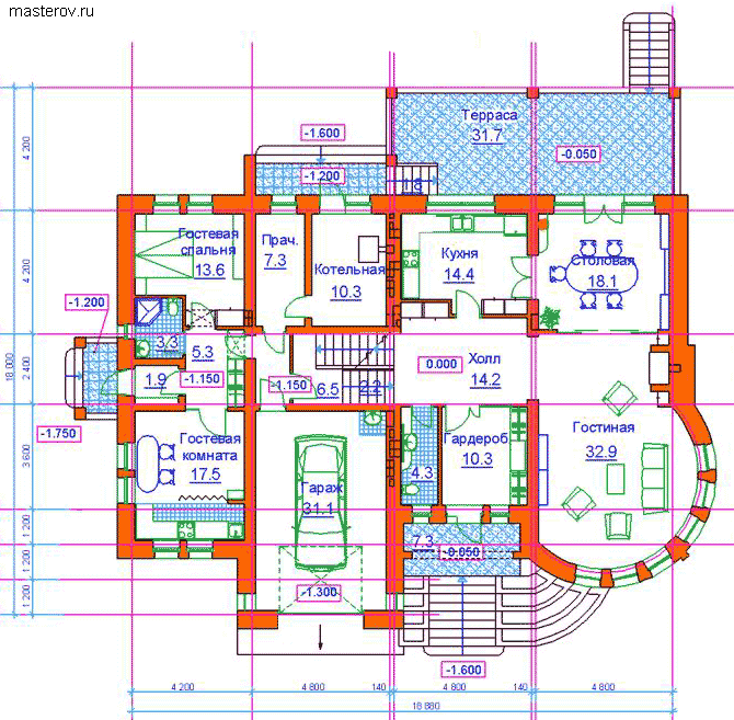 Проект дома 18 на 18 № S-443-1K - 1-й этаж