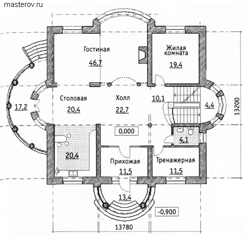 Проект кирпичного дома 13 на 13 № S-541-1K - 1-й этаж