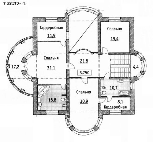 Проект кирпичного дома 13 на 13 № S-541-1K - 2-й этаж