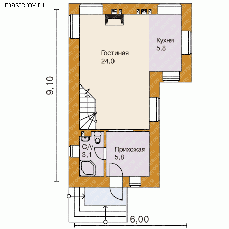 Проект кирпичного дома с камином и мансардой № T-073-1K - 1-й этаж