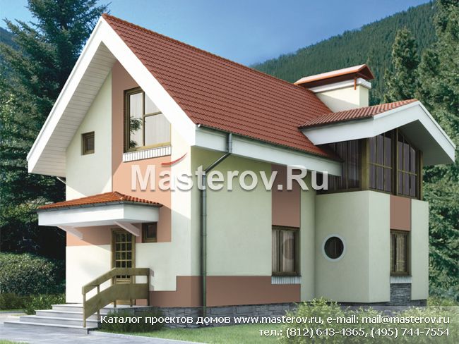 Проект кирпичного дома с камином и мансардой № T-073-1K