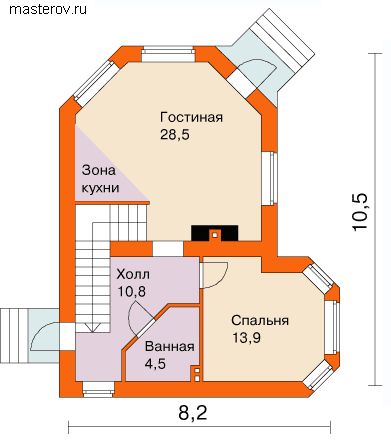 Архитектурный загородный проект дома  № T-084-1P - 1-й этаж