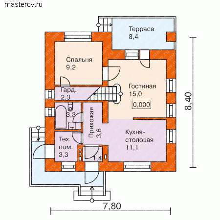 проект дома до 100 м № T-096-1K [33-09, W-122, G-1178-0] - 1-й этаж
