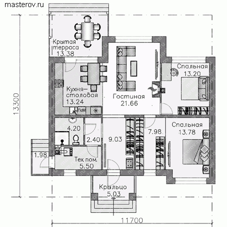 Проект пенобетонного дома № T-101-1P - 1-й этаж