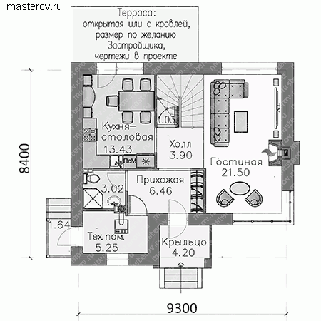 Небольшой дом, проект № T-105-1P - 1-й этаж