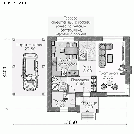 Проект небольшого дома с крытой стоянкой № T-105-2P - 1-й этаж