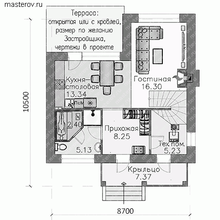 Чертежи дома с террасой № T-106-1P - 1-й этаж (вариант 2)