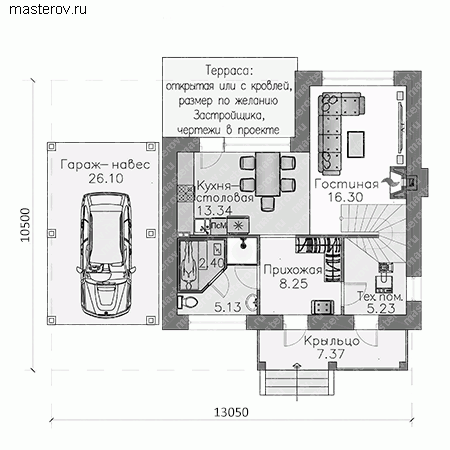 Небольшой коттедж с навесом, проект  № T-106-2P - 1-й этаж (вариант 2)