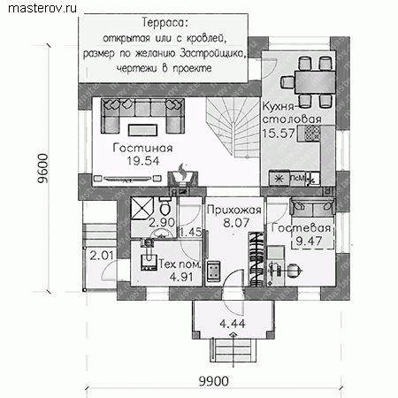 Загородный дом с комнатой на 1-ом этаже № T-114-2P - 1-й этаж