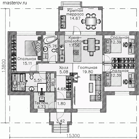 Проект пенобетонного дома № T-120-1P - 1-й этаж (вариант 2)