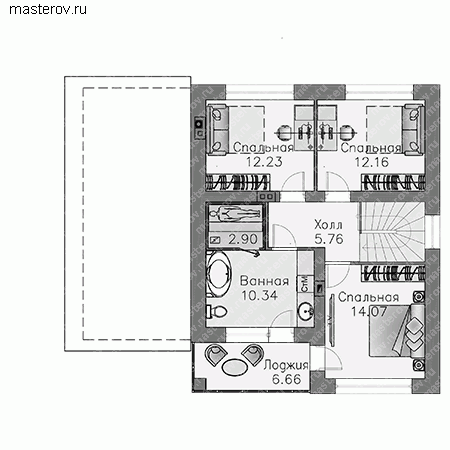 Проект с гаражом-навесом № T-126-3P - 2-й этаж (вариант 2)