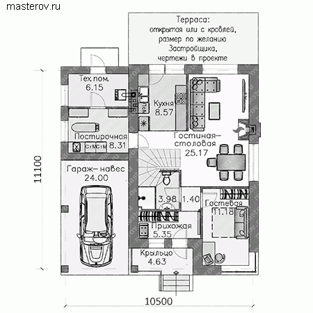 Проект дома со спальней на 1-ом этаже № T-137-1P - 1-й этаж