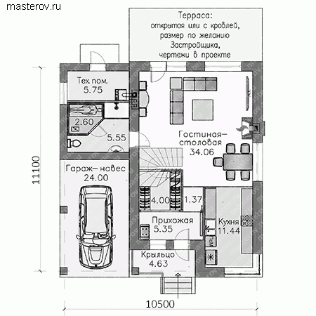 Коттедж проект с гаражом-навесом № T-137-2P - 1-й этаж (вариант 2)