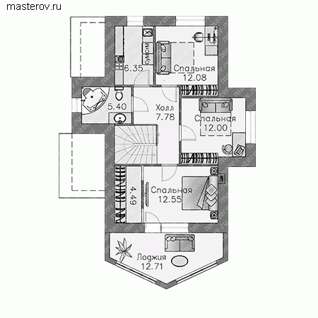 Дом с остекленной верандой и лоджией № T-138-2P - 2-й этаж