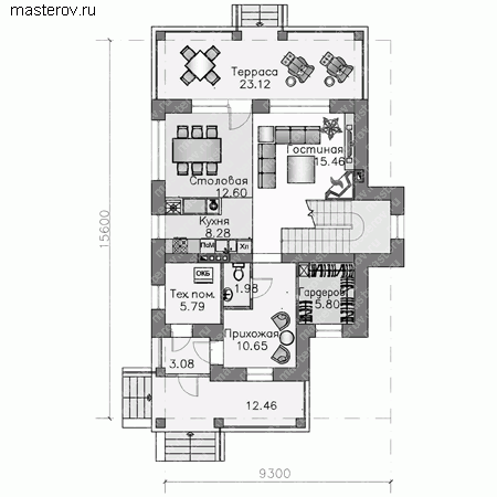 Проект узкого дома (газобетон или кирпич) № T-145-1P - 1-й этаж