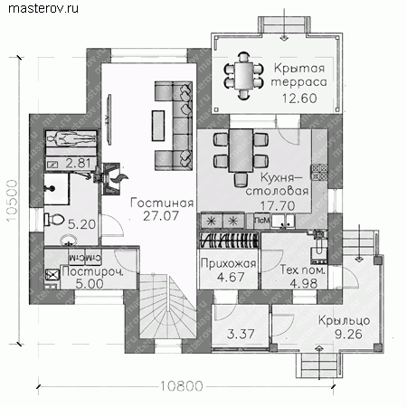 Проект пенобетонного дома № T-148-1P - 1-й этаж
