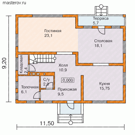 проект пенобетонного дома № T-150-1P - 1-й этаж